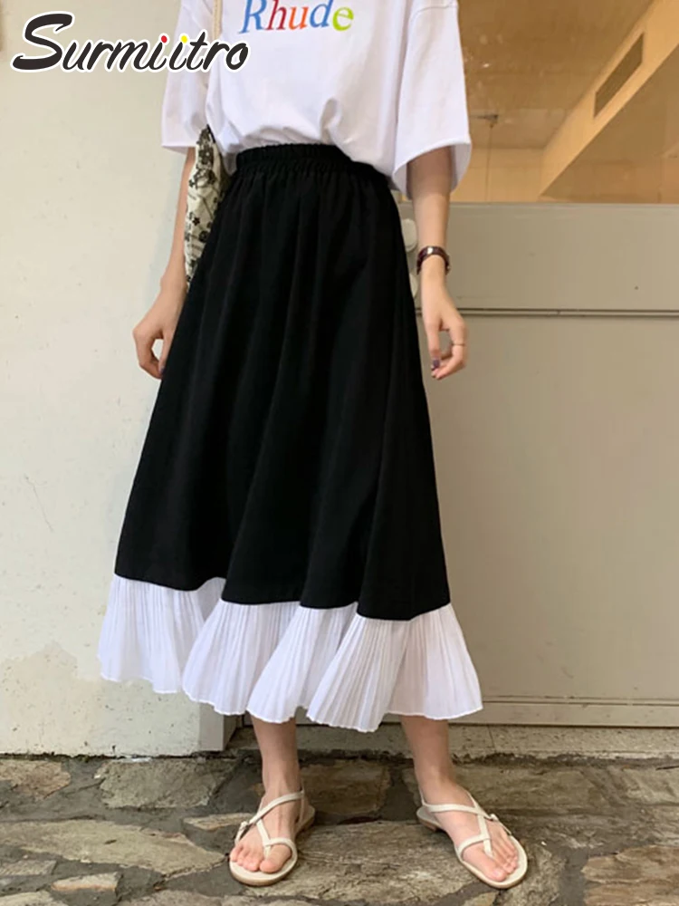 

SURMIITRO 2022 летняя корейская мода Черный Белый Лоскутная длинная юбка миди Женская высокая талия трапециевидная плиссированная юбка женская