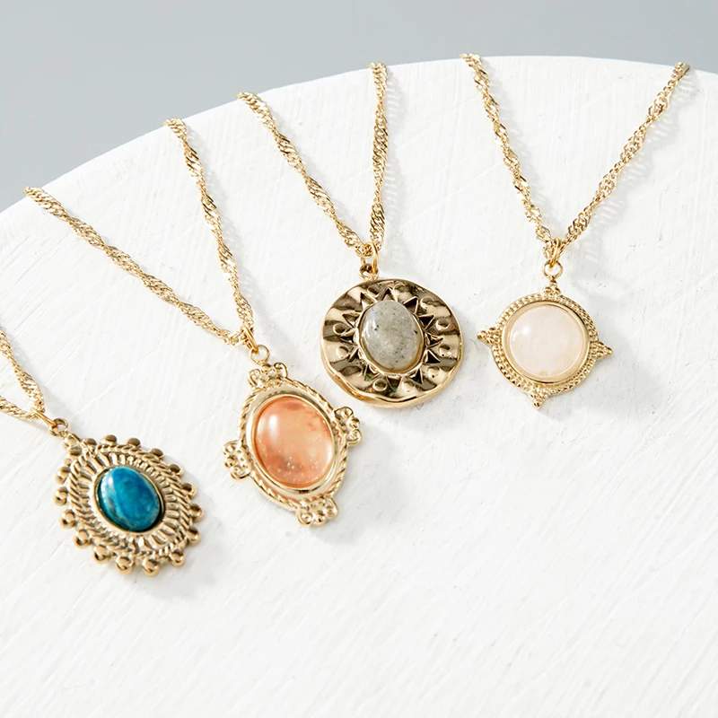 

Stainless Steel Retro Necklace Diamond-plated Collarbone Chain Zircon Natural Stone European and American Jewelry Gift Wholesale