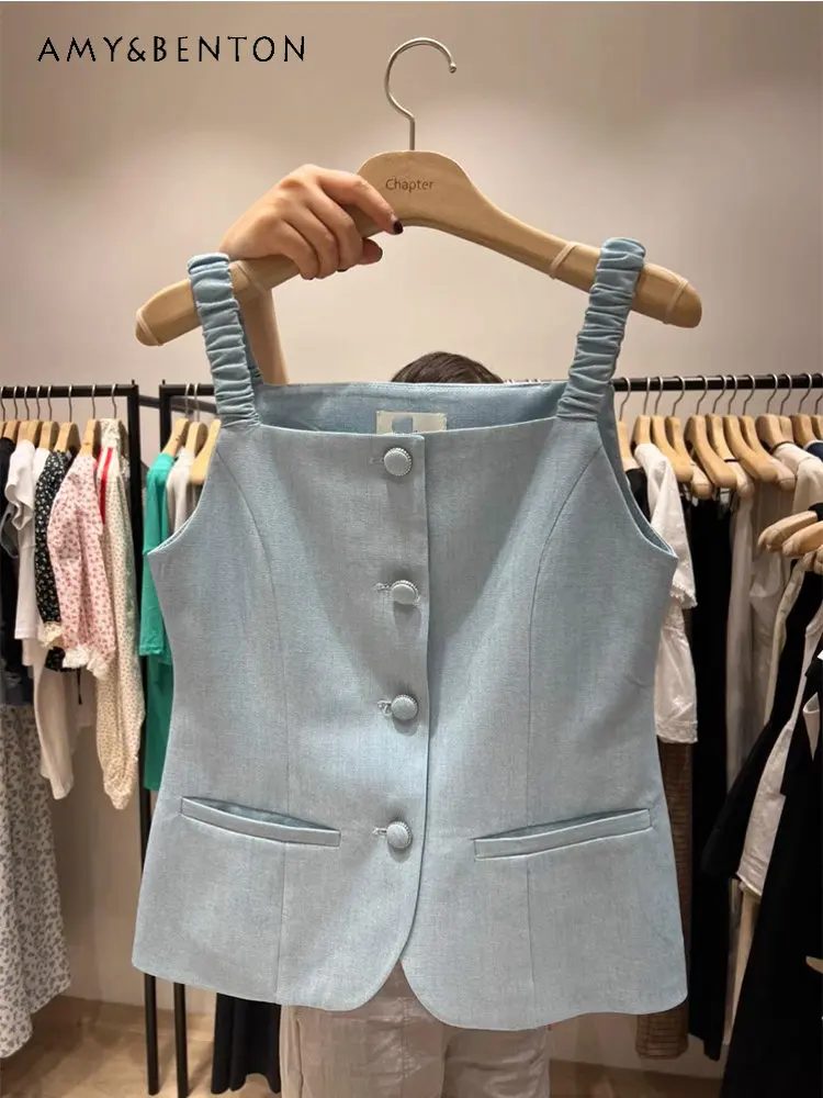 

Women's Sleeveless Clothing 2023 Spring Summer New Solid Color Outer Wear Tank Tops Buckle Casual Versatile Slimming Camisole