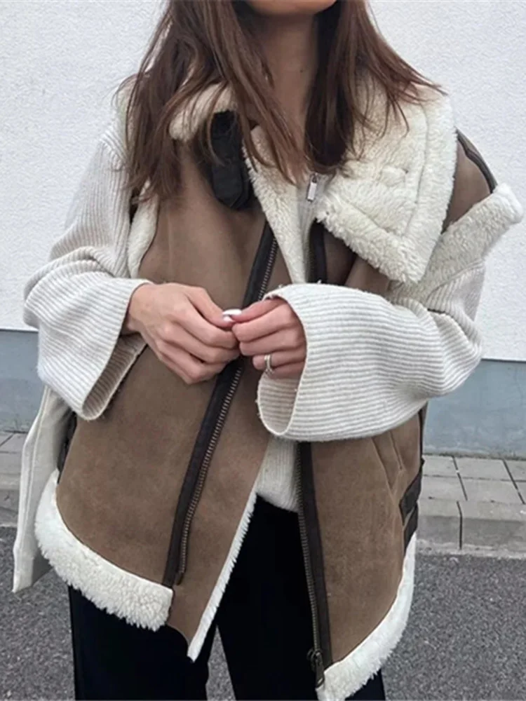 Chic Female Suede Fur All-in-One Autumn Winter Women Thick Fleece Jacket Warm Splice 2022 Waistcoat Coat Vest