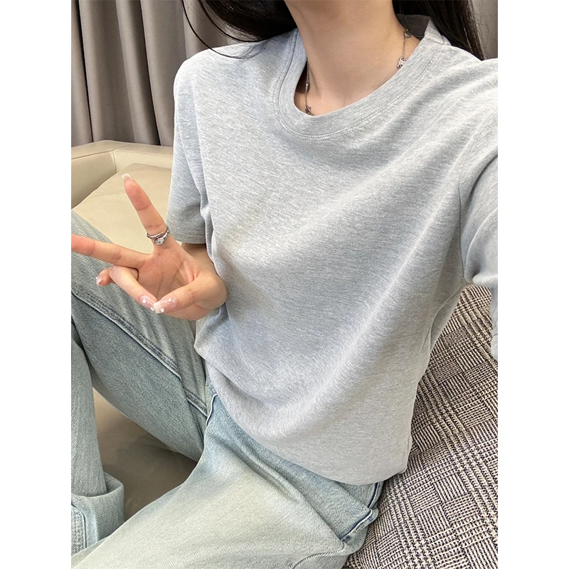 Aku Simple Sanding Basic T-shirt Women 2024 New Shoulder Solid Short sleeve Slimming Versatile round Neck Top