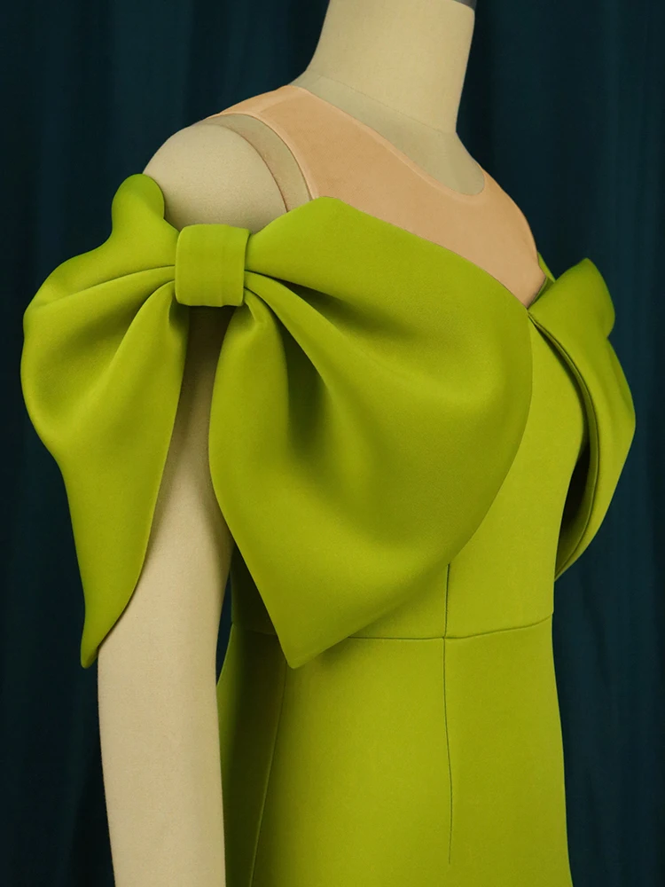 Green Evening Dresses O Neck Tulle Patchwork High Waist Ruffles Plus Size Lovely Bowtie Short Sleeve Cocktail Event Outfits 4XL