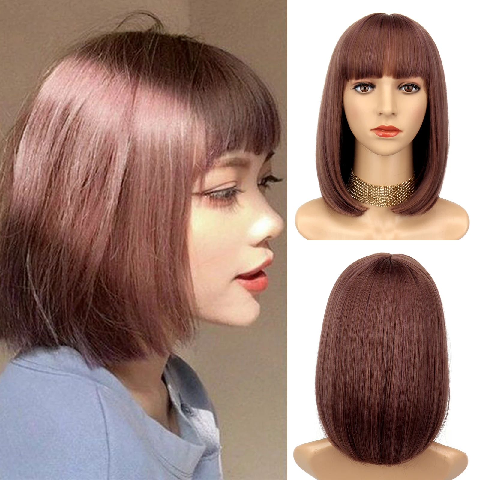 

Short Straight Hair Women Synthetic Wig Purple Pink Bob Wigs With Bangs Daily Wear Thermally Resistant Fibre Cosplay Party Wigs
