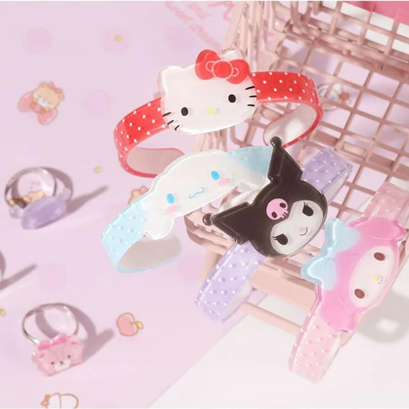 

Kawaii Sanrio Accessories Toys Cartoon Cinnamoroll Hellokittys My Melody Kuromi Jewelry Bracelet Ring Suit Toys for Girls Gift