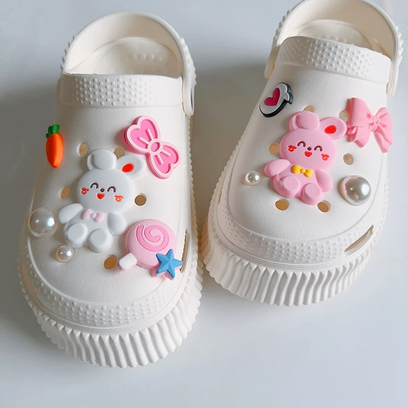 Cute Cartoon Blue Pink Color Rabbits Charms For Shoes DIY PVC Carrot Heart Bowknot Shoe Clogs Decoration Creative Jewelry Gifts