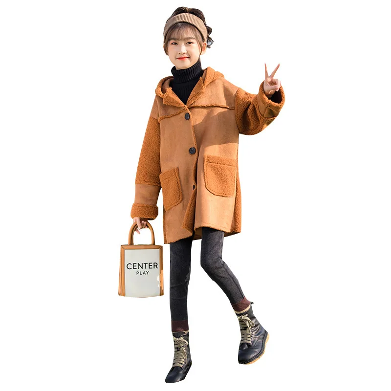 

Kids Clothes for Girls Autumn Winter Thick Warm Coat Fashion Casual Hooded Tops Teens Clothing Patchwork Cashmere Sweater 4-12 Y