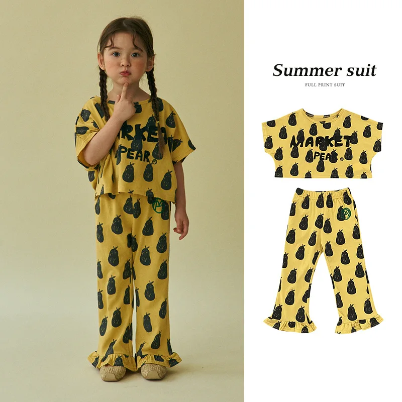 

kids Clothes Girls 2022 Summer Girls Ins Style Korean Cartoon Print Short-Sleeved T-Shirt Trousers Two-Piece Set Young Children