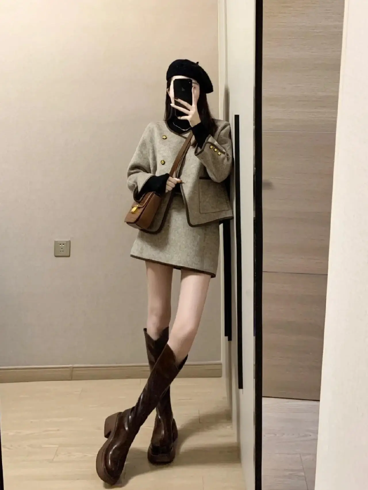 Graceful Short Shoulder Woolen Jacket 2024 Autumn and Winter with High Sense Sheath Slim fit Skirt Two-piece Set