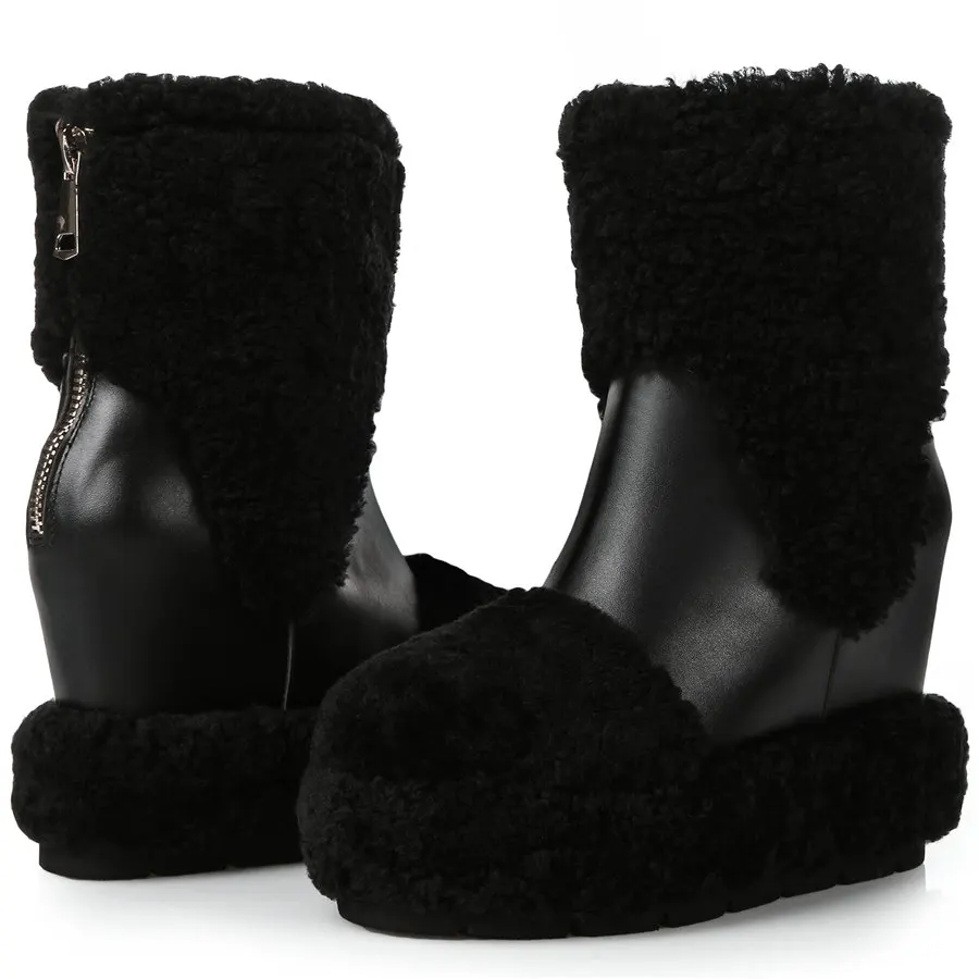 Winter Warm Fur Pumps Women Genuine Leather Wedges High Heel Snow Boots Female High Top Round Toe Fashion Sneakers Casual Shoes