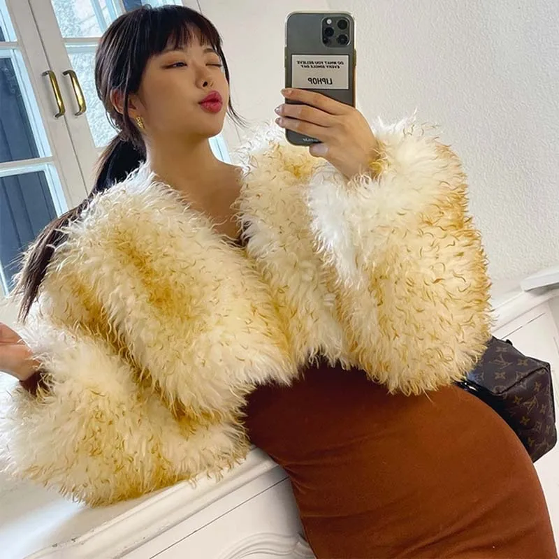 Short Fluffy Coat Faux Fur Jacket Overcoat Pink Vintage Tie Dye Winter Clothes Women 2022 Fashion Coats Gradient Eco Fur Coat