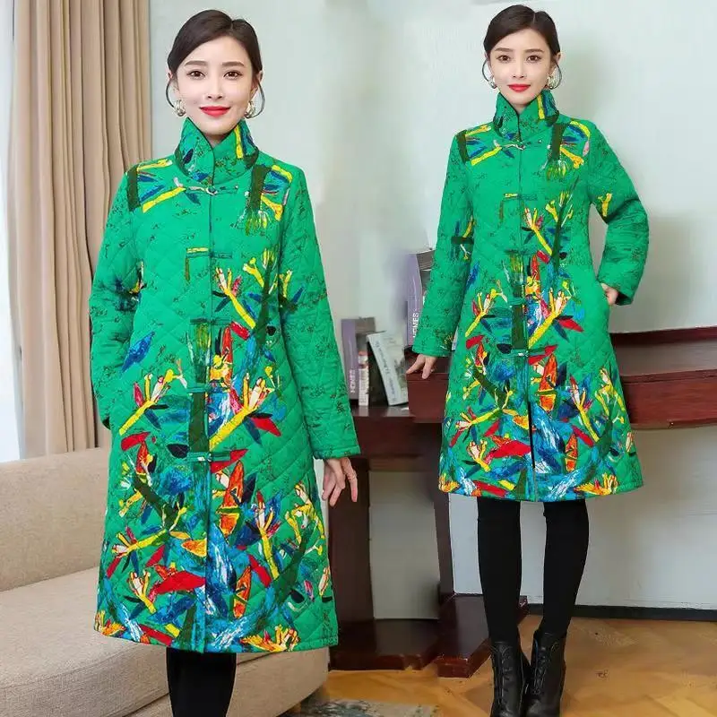 Ethnic style Women mother's winter Buckle middle-aged ladies Chinese style cotton-padded jacket embroidered Outwear Trench Coats