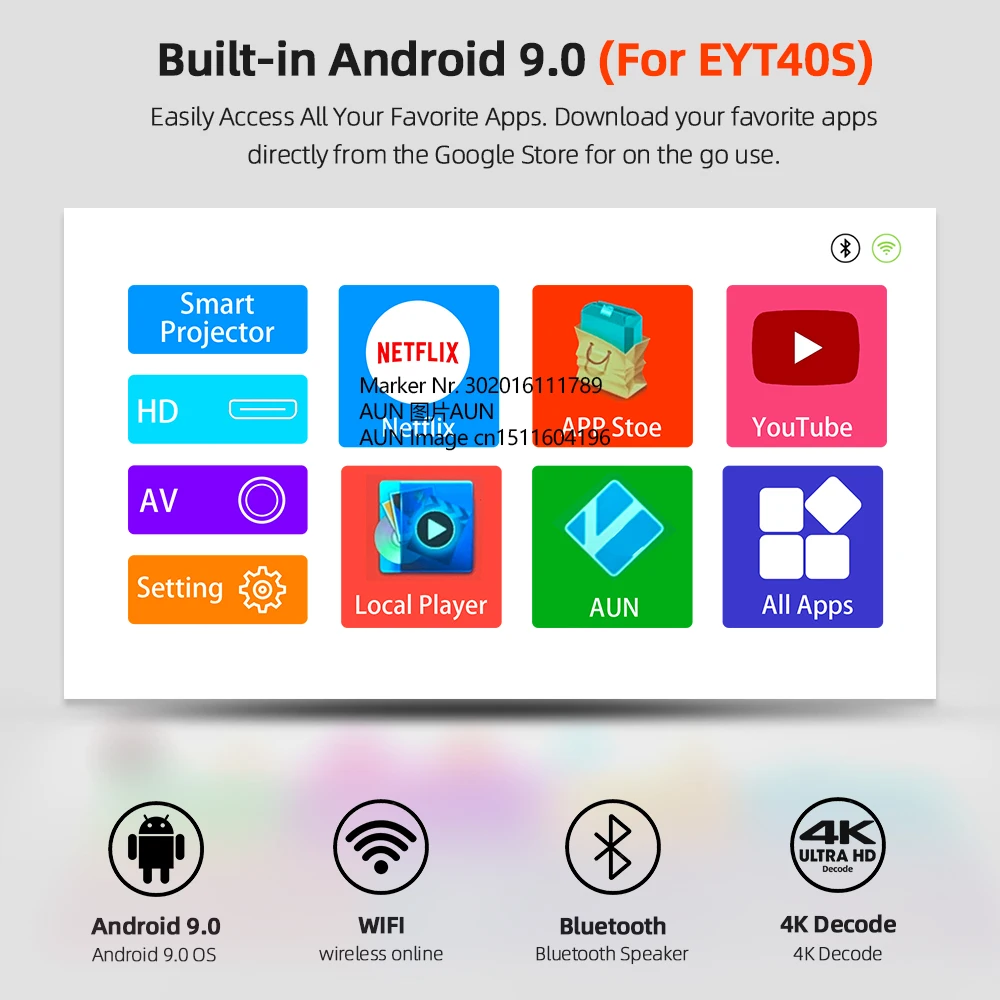 AUN Projector Full HD 1080p ET40 Android 9 Beamer LED Mini Projector 4k Decoding Video Projector for Home Theater Cinema Mobile