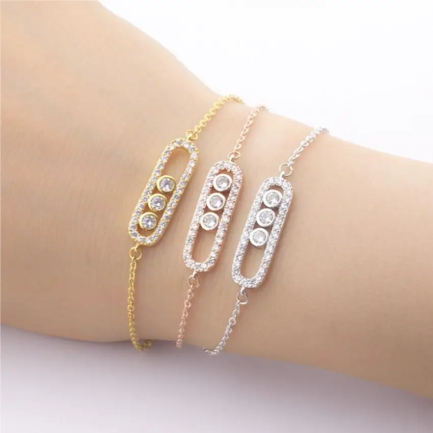 

G&D Luxury Fashion Arab Design 3 Dot Beads Bar Charm Pave Inlaid Zircon Stainless Steel Bracelet for Women Jewelry Festival Gift