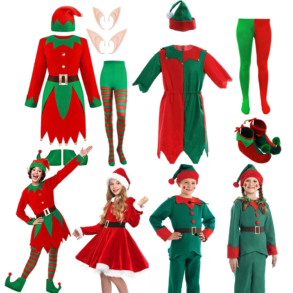 

Girls Boys Christmas Santa Claus Costume Green Elf Cosplay Family Christmas Party New Year Fancy Dress Clothes Set X-Mas Gift