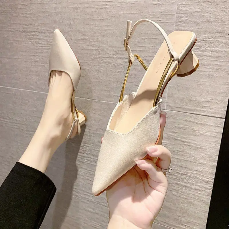 

French high-heeled shoes woman low heels sandals summer 2023 design niche back empty buckle fairy mid-heel toe mule sandals