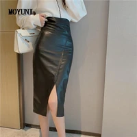 high waist irregular black pu leather skirt women split faldas largas mujer wild streetwear bottom casual fashion bodycon slim