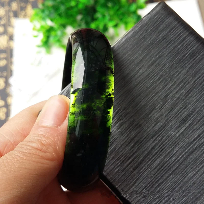 

Natural Chinese Black Ink Jade Hand Carved Wide Band Bracelet Fashion Jewelry Men's and Women's Black and Green Bracelets