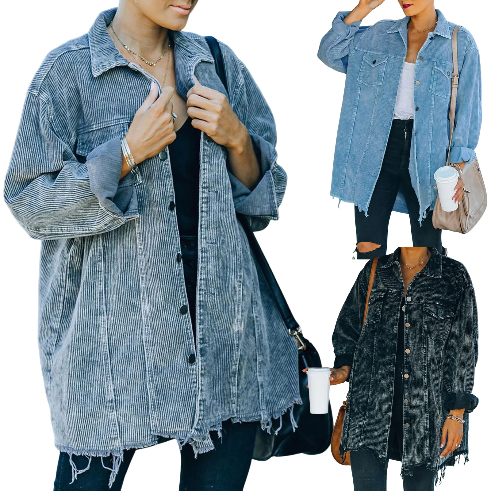 

Lapel Collar Women Plus Size Outwear Vintage Style Solid Color Cotton Blended Loose Sleeve Jacket Distressed Jacket Daily