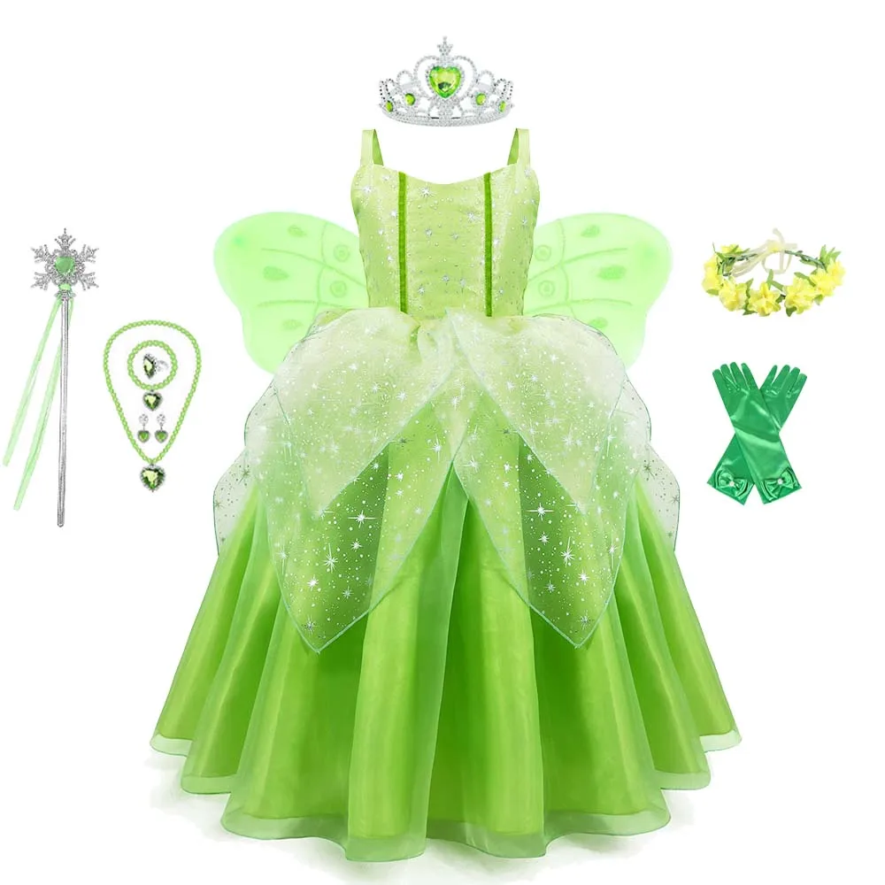 

2022 Girl Flower Fairy Tinker Bell Dress Up Kids Princess Tinkerbell Costume With Wings Halloween Princess Costume Party Dress