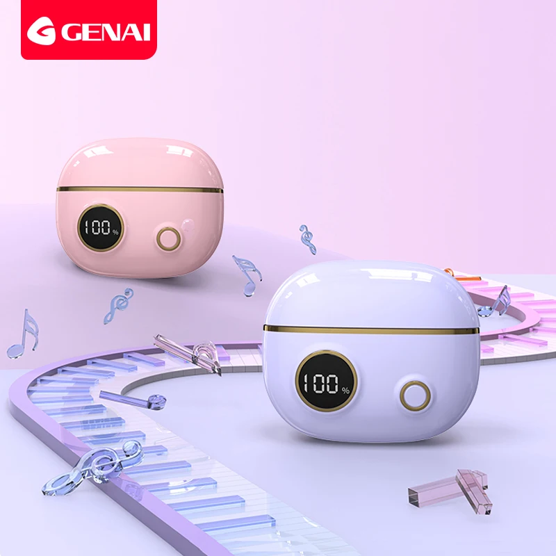 

Genai Wireless Bluetooth Earphones Mini Stereo Sound Headphones TWS Retro Earbuds Power Digital Display Charging Box with Mic