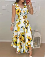 2022 summer new sweet sleeveless dress womens elegant lace up sunflower print long dresses