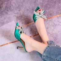 2022 new rhinestone high heels fashion bow pointed elegant sandals sexy open toe simple garden shoes slip on womens stilettos