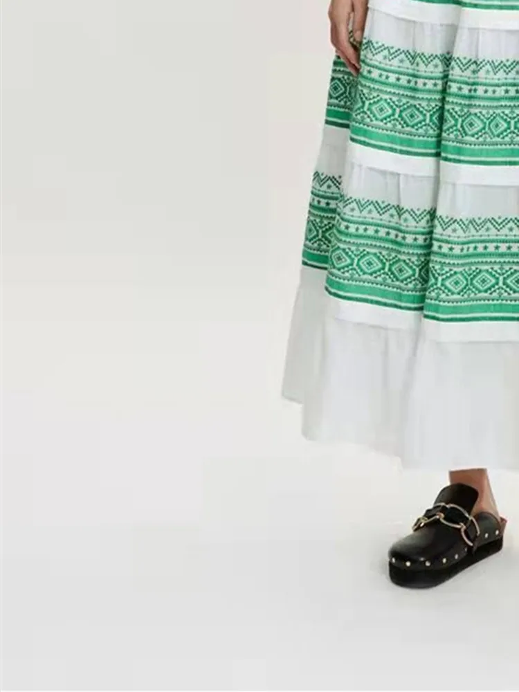 Женская винтажная Юбка-миди зеленая юбка с этнической вышивкой и поясом на