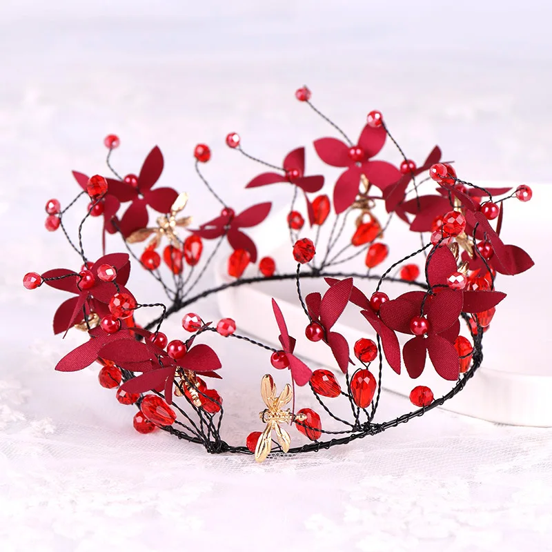 

Red leaf hair crown headdress new crystal wedding accessories