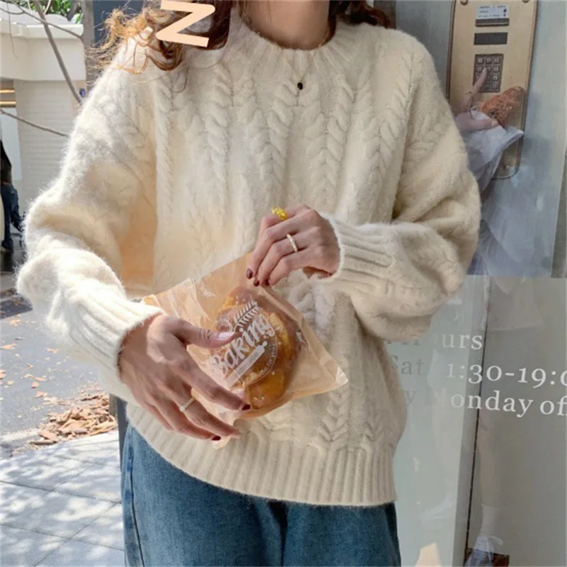 

2023 Crewneck Sweater Women's Korean Style Student Cute Knitted Sweater New Fashion Wheat Spike Pattern Solid Color Sweater