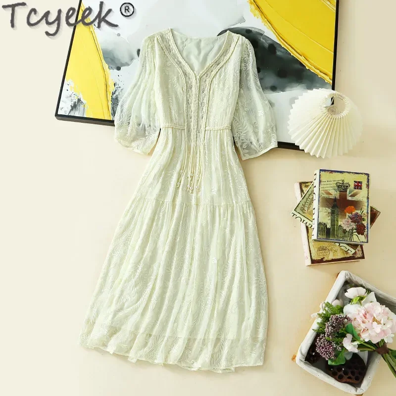 Женское длинное платье Tcyeek шикарное и элегантное из натурального шелка тутового