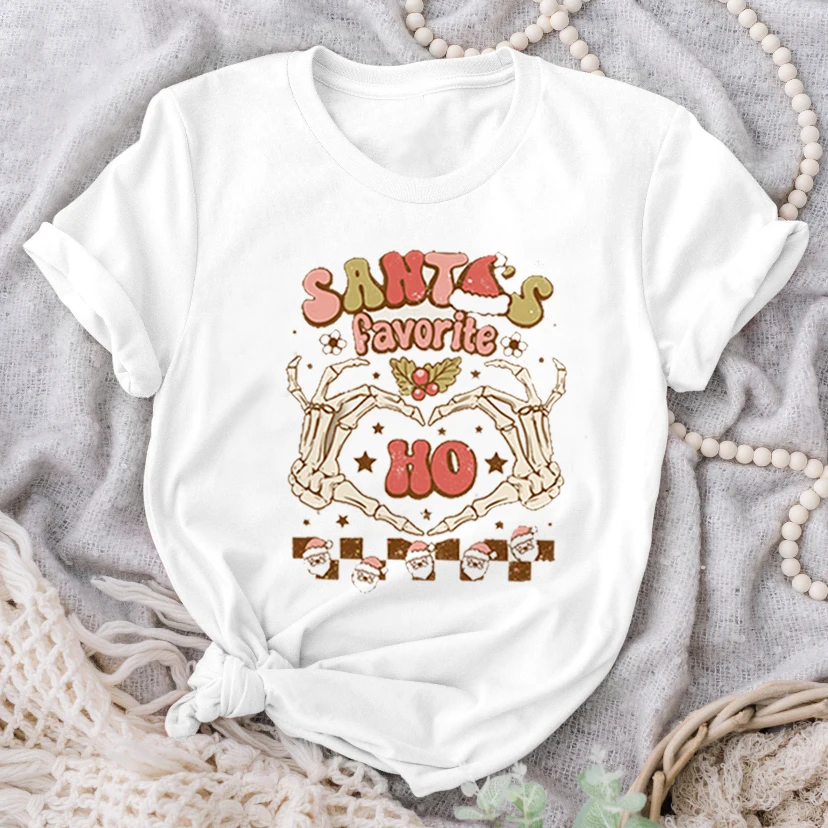 

Рождественская Футболка с принтом черепа Рука 90-х, праздничные футболки с мультяшным принтом для отпуска, Женская графическая одежда, новог...