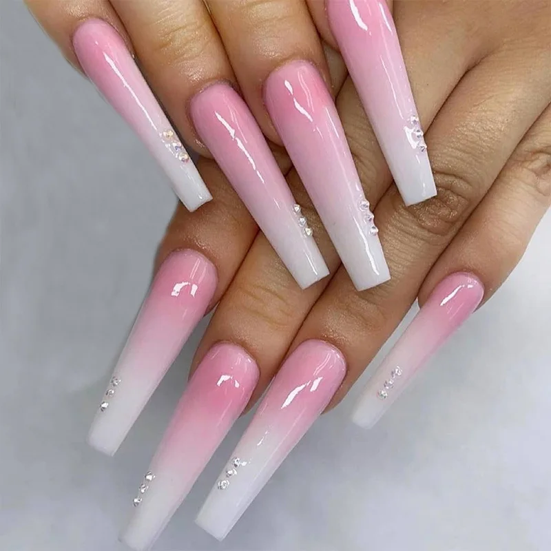 

Ombre Gradient Pink Nude White French Ballerina Press on False Nails Extra Long Natural Coffin UV Gel Glue On Fake Fingers nails