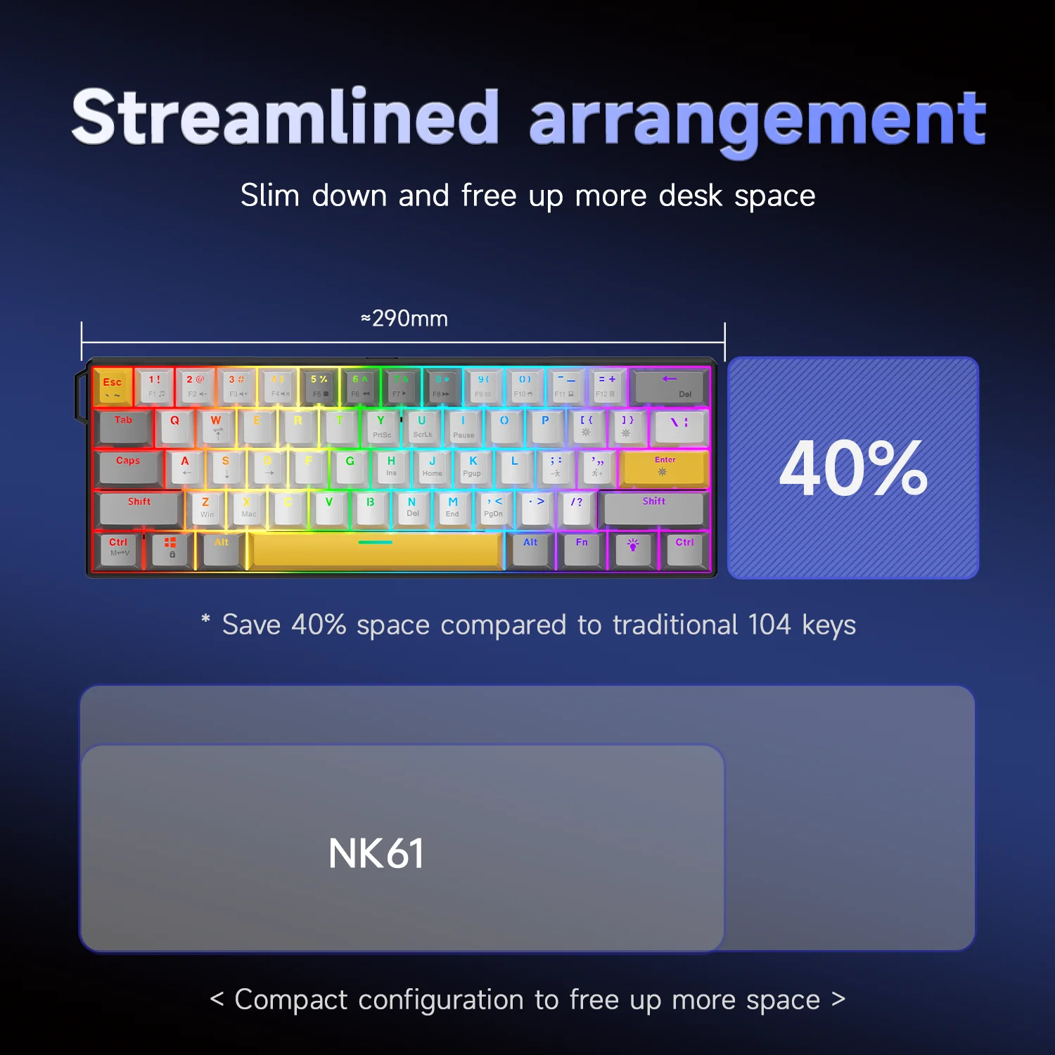 Фото Механическая клавиатура Ajazz NEW NK61 с RGB-подсветкой, проводная, с разборной конструкцией, одноразъемная, с возможностью горячей замены переключателей, Plug and Play, 61 клавиша, для геймеров №4