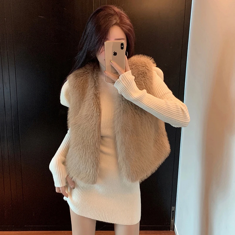 

Женский жилет из искусственного меха, элегантный теплый жилет без рукавов с V-образным вырезом, корейский стиль, весна-осень
