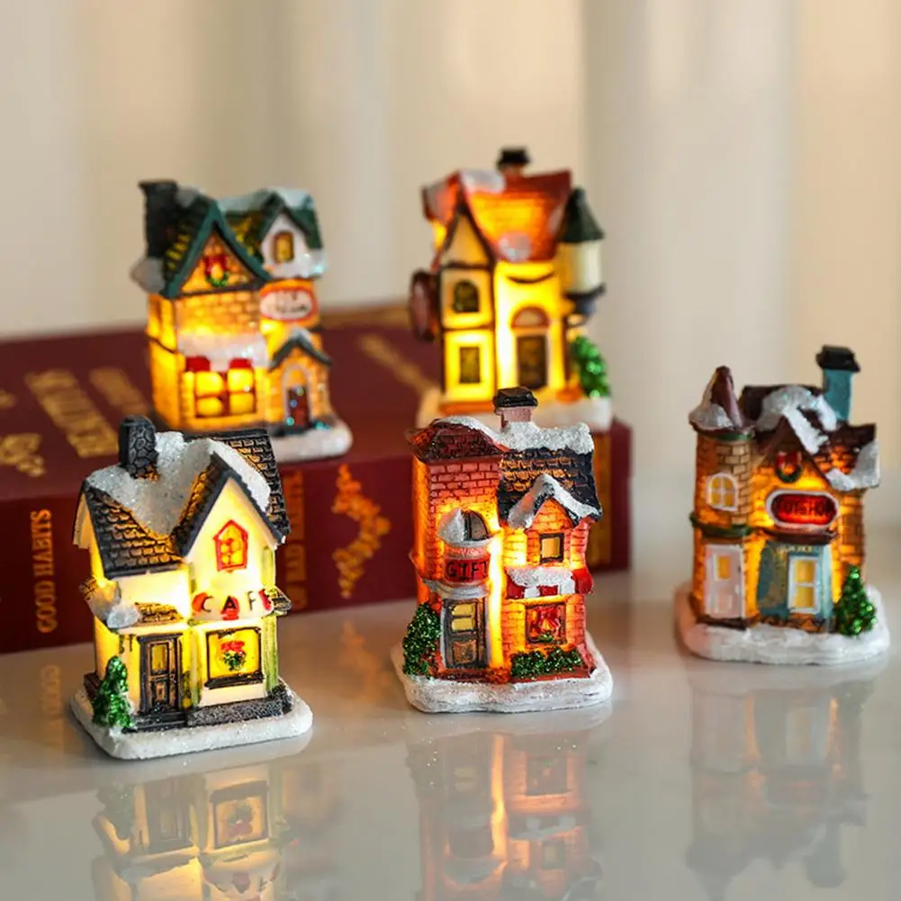 

Snow House Decoration Christmas Ornament Luminous European Style Resin Micro Landscape Miniature House Figurine Display for Home