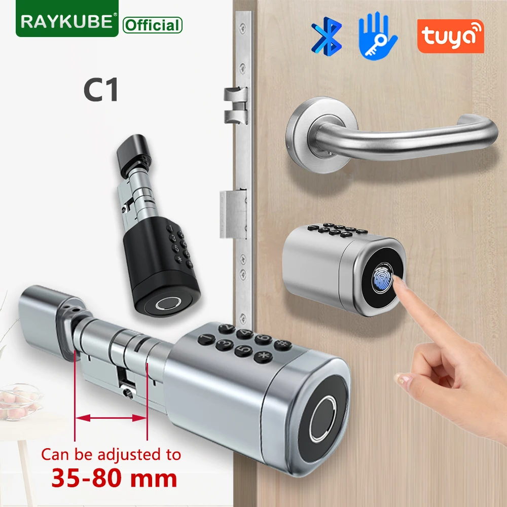 

RAYKUBE C1 Tuya BLE TT Lock Smart Door Lock with 2-Ways-Adjustable Cylinder Length Fingerprint Password APP Key IC Card Unlock