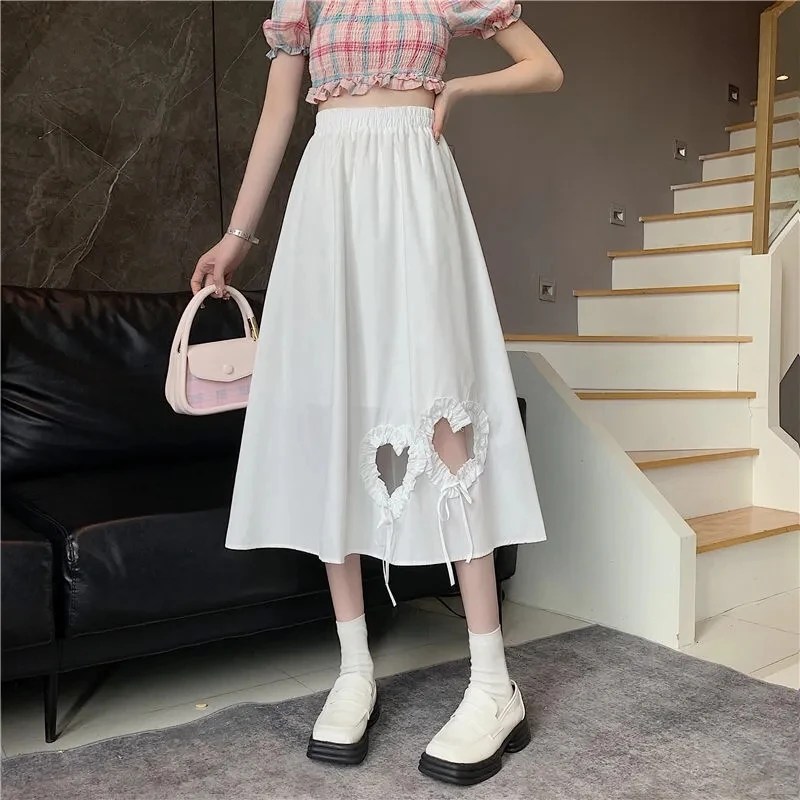

MEXZT Fashion Hollow Out Bow Midi Skirts for Women Summer High Waist Elastic White Skirt Korean Preppy Style A-line Y2k Skirt