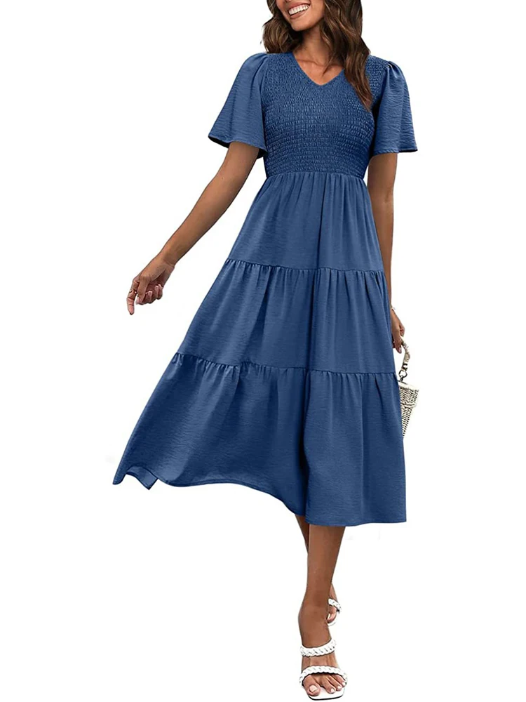 

Летнее Повседневное платье с V-образным вырезом и коротким рукавом, женское свободное элегантное однотонное платье-трапеция, женское простое черное и белое платье с высокой талией