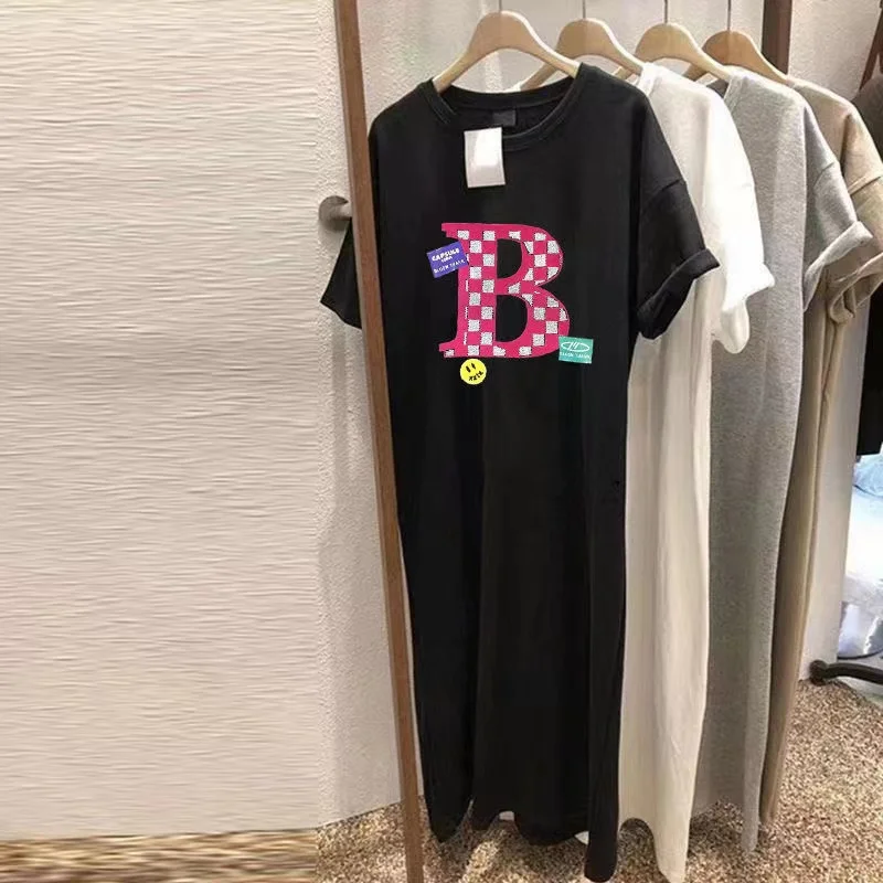 

Женское Хлопковое платье с коротким рукавом, повседневное Свободное длинное платье большого размера, одежда для полных женщин на лето