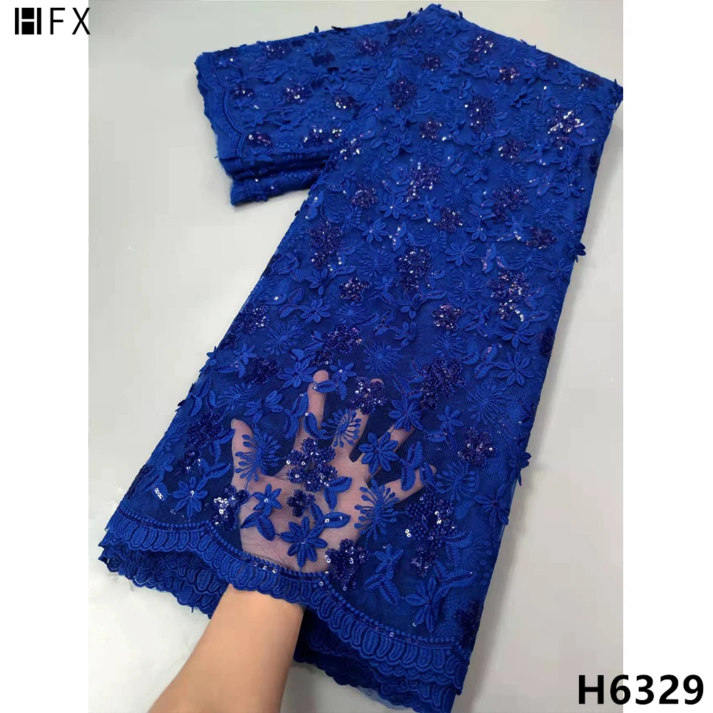 

HFX Royal Blue Nigeria High Quality Net Lace Fabric Sequin African Lace Fabric Embroidery French Tulle Lace Wedding 5 Yard F6329