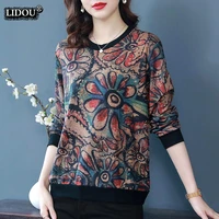 fashion skinny o neck vintage print long sleeved t shirts spring autumn floral elegant popularity trend womens clothing