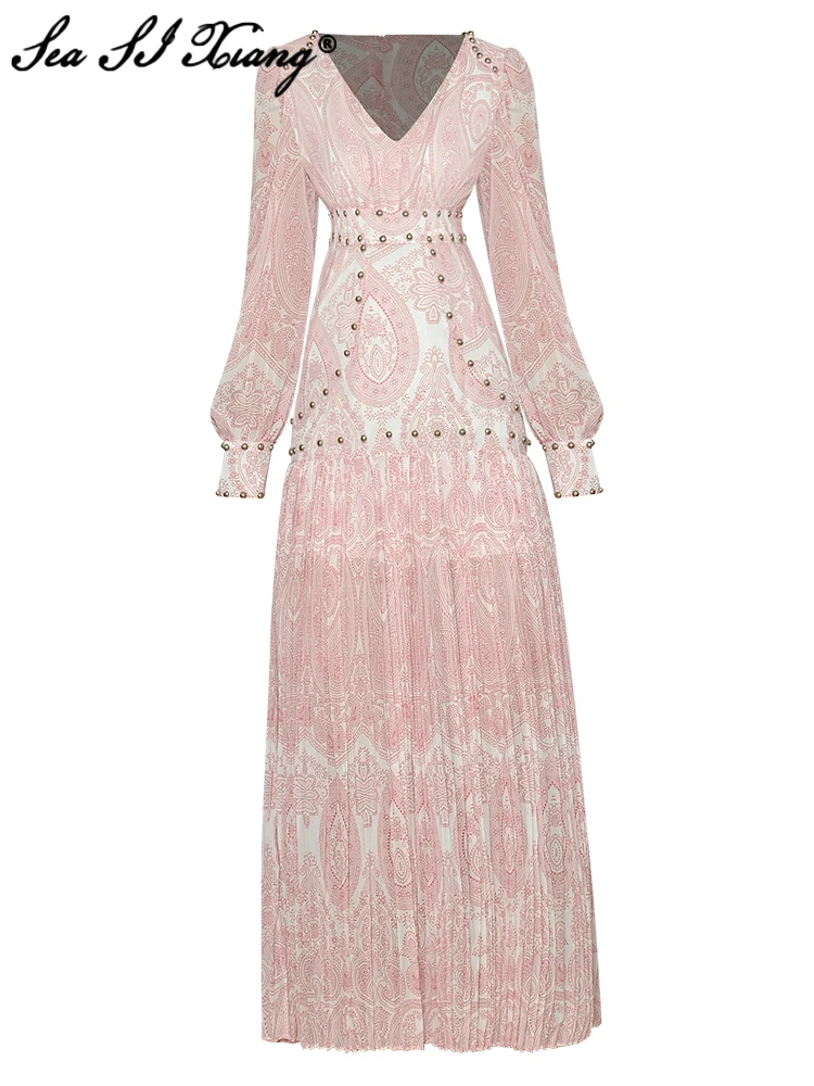 

Seasixiang Fashion Designer Summer Maxi Dress Women V-Neck Lantern Sleeve Rivet Vintage Print Pleated Long Dresses