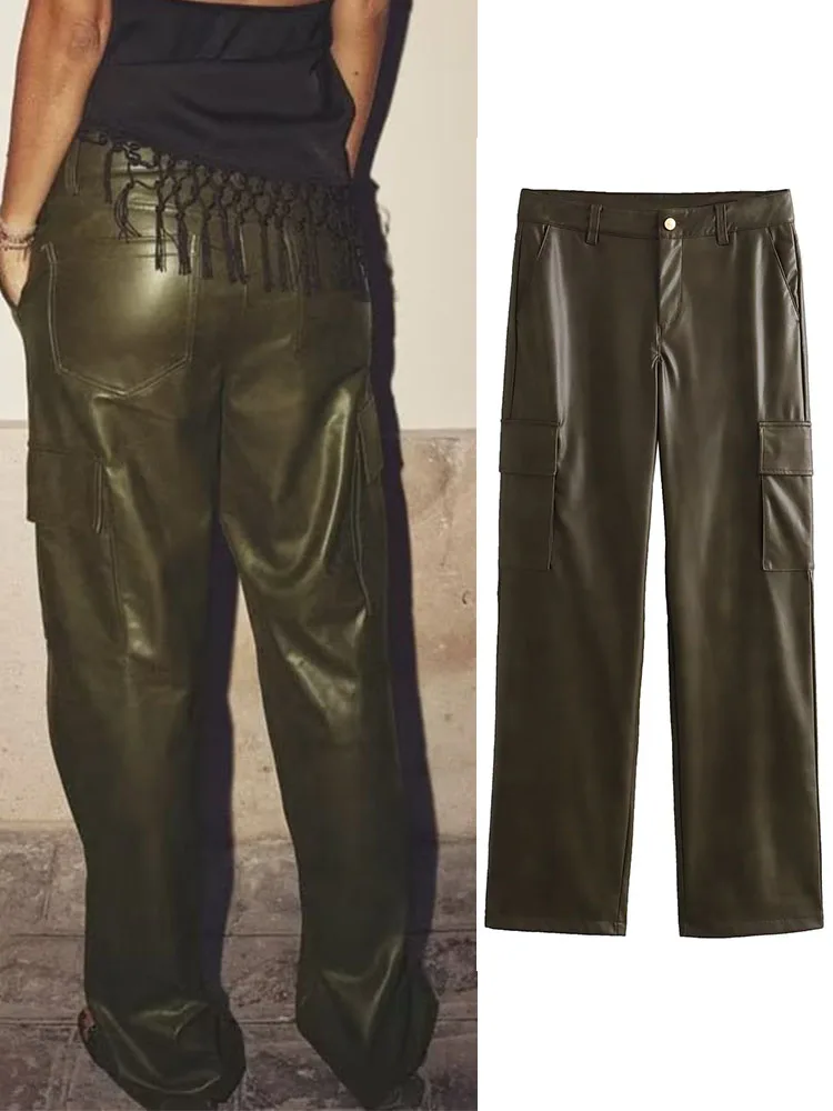 

Брюки-карго женские зимние из ПУ кожи с карманами и высокой талией