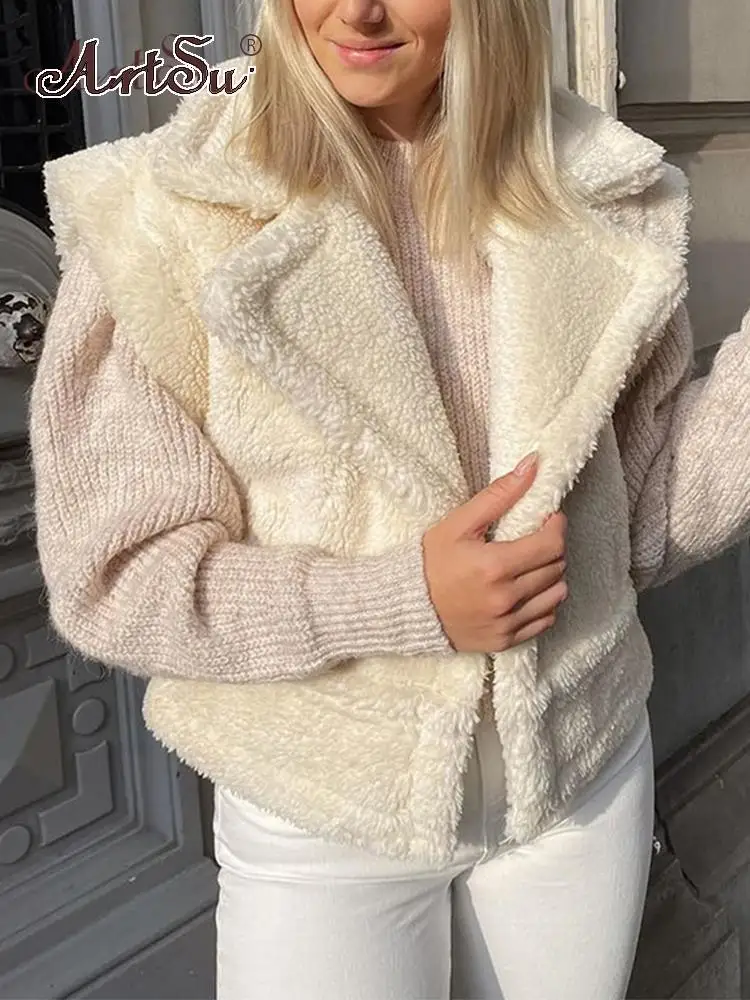 

ArtSu Faux Fur Thick Sleeveless Splice Jacket Women Fleece Fall Winter Waistcoat Vest Coat Biker Shearling Turn Down