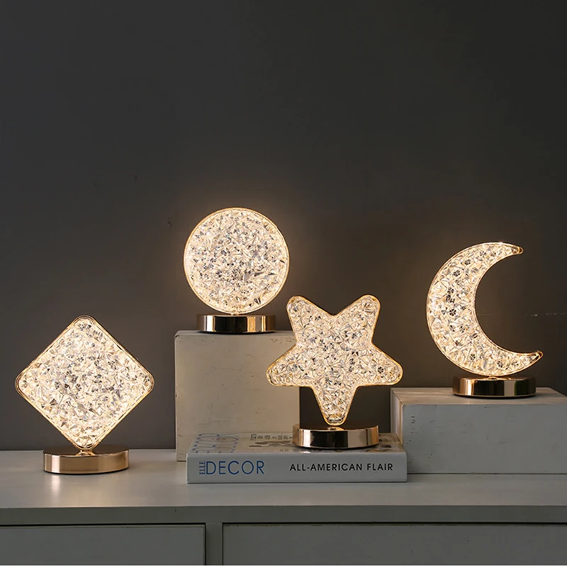 

Acrylic LED Star Moon Simple Design Round Metal Base Cordless Home Bedroom Small Decorative Table Lamp