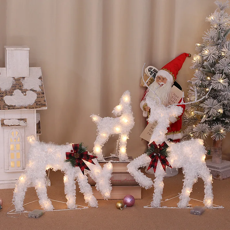 

2023 Christmas Decoration Liquidations White Flocked Luminous Deer Cart Iron Frame Detachable Flat Sanlu Set Mall Decoration