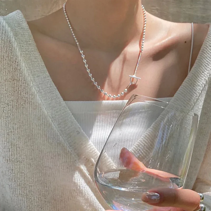 

S925 Sterling Silver ot buckle silver bead necklace short clavicle chain temperament versatile n502