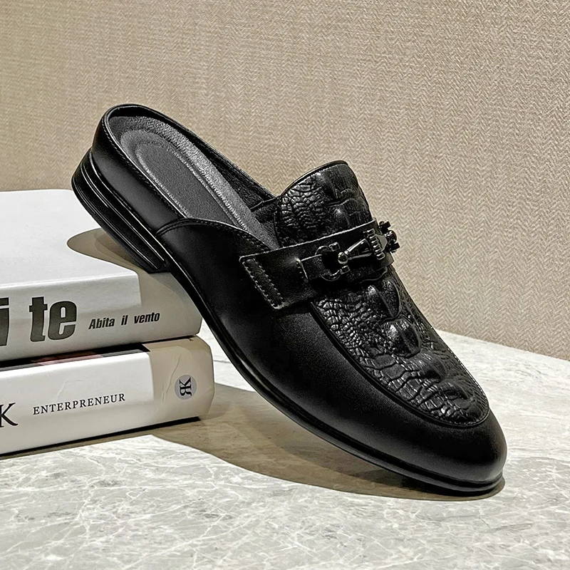 

Brand Designer Mens Casual Shoes High Quality Luxury Genuine Leather Slippers Fashion 2022 Summer Half Shoes For Men Mocassin