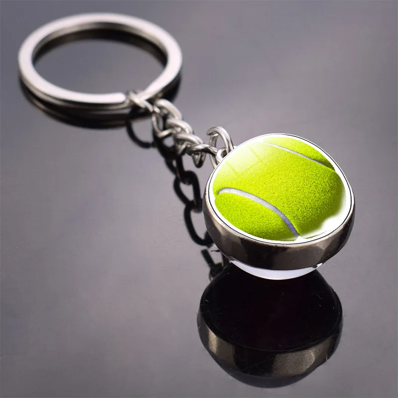 

20Pcs Glass Ball Keychain Basketball Baseball Football Volleyball Tennis Rugby Softball Picture Glass Pendant Metal Keyring