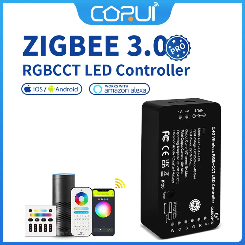

Умный пульт управления светодиодной лентой Zigbee 3,0, управление светодиодной лентой RGBCCT работает с приложением Tuya SmartThings Alexa RF, дистанционное ...